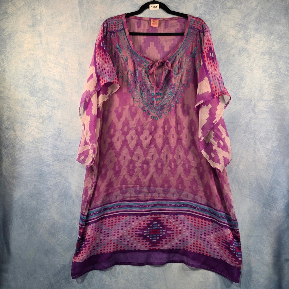 Theodora and Callum Purple Ikat Print Kaftan Tunic Embroidered Cover Up OS